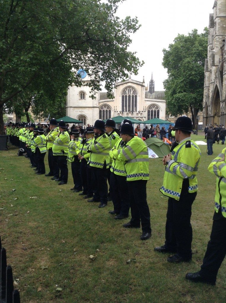A Line of Police bravely protecting Westminster Abbey from ILF users