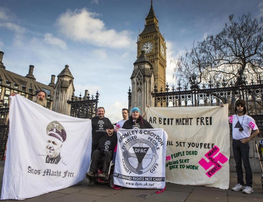 Disabled activists today stood outside 10 Downing Street and the Houses of Parliament to remember the disabled victims of the Nazi Holocaust on the 70th anniversary of the liberation of Auschwitz. The protest-vigil also stood to highlight current injustices such as the approximate 1,300 people who died with 6 weeks of their work capability assessment.