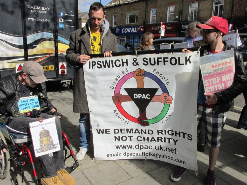 Martin Tolley (Ipswich and Suffolk DPAC) with Harry, and TUSC leafletter with Ipswich and Suffolk DPAC banner in Chingford 