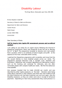 Disability Labour's Letter to Stephen Crabb about PIP Page 1
