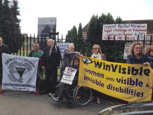 Disabled protesters from Bromley DPAC and Winvisible were there to support Rev Paul Nicholson at the court case yesterday. Photo Credit: Paula Peters.