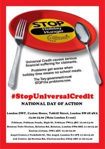 campaign poster showing a knife and fork and a campaign badge saying "Stop Holiday Hunger"