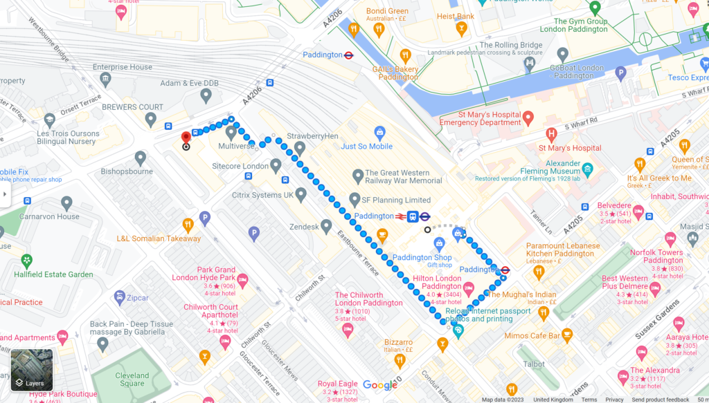 Directions from London Paddington Elizabeth Line station: • Exit the station via lift at top of the escalator. • Turn right and walk on Eastbourne Terrace toward Bishop’s Bridge Rd. • After 57 m Turn left onto Bishop's Bridge Rd/A420.