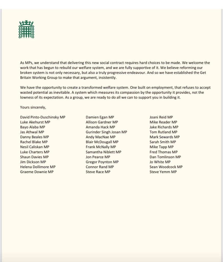 A letter to Liz Kendell supporting the disability benefit cuts. It has been signed by 36 Labour MPs.