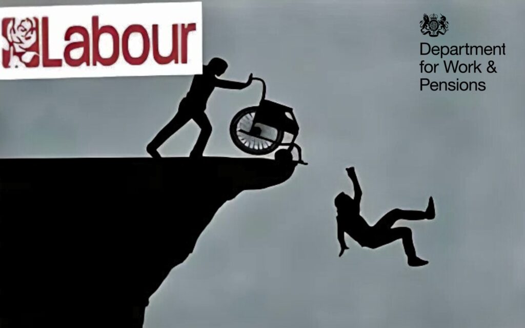 Image of a person at the top of a cliff pushing someone out of a wheelchair. The Labour party logo. The Department for Work and Pensions logo.